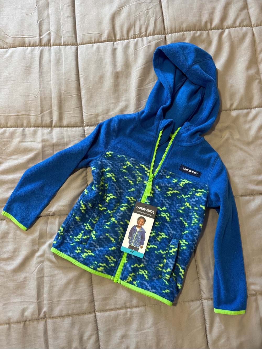 Lands' End Blue Hoodie with Neon Green Accents - Kids